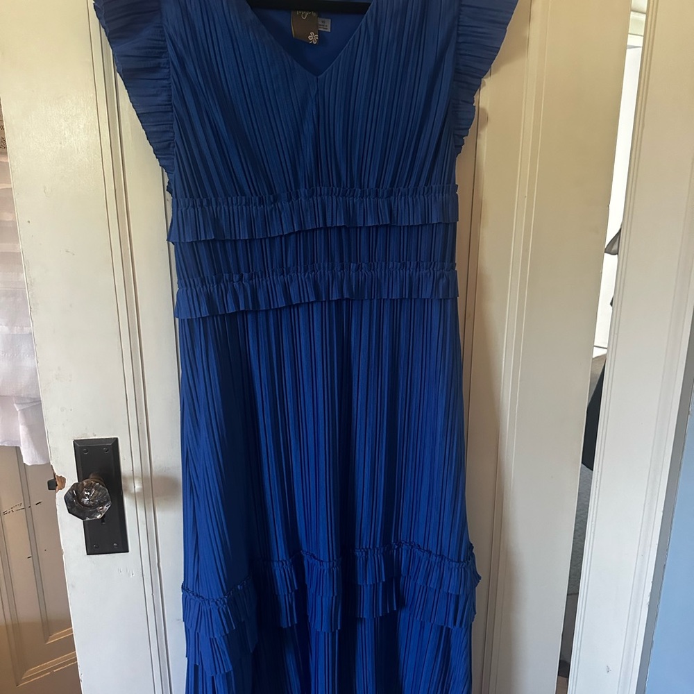 Taylor Royal Blue Pleated V-Neck Maxi Dress